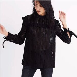 Madewell Black Eyelet Ruffle Tie-Sleeve Blouse Size M